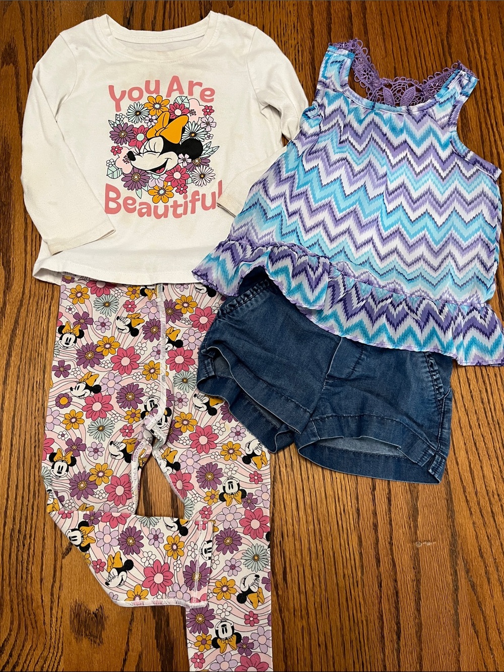 Disney Girls Minnie Floral Top & Chevron Tank Outfit - White, Pink, Purple, Blue